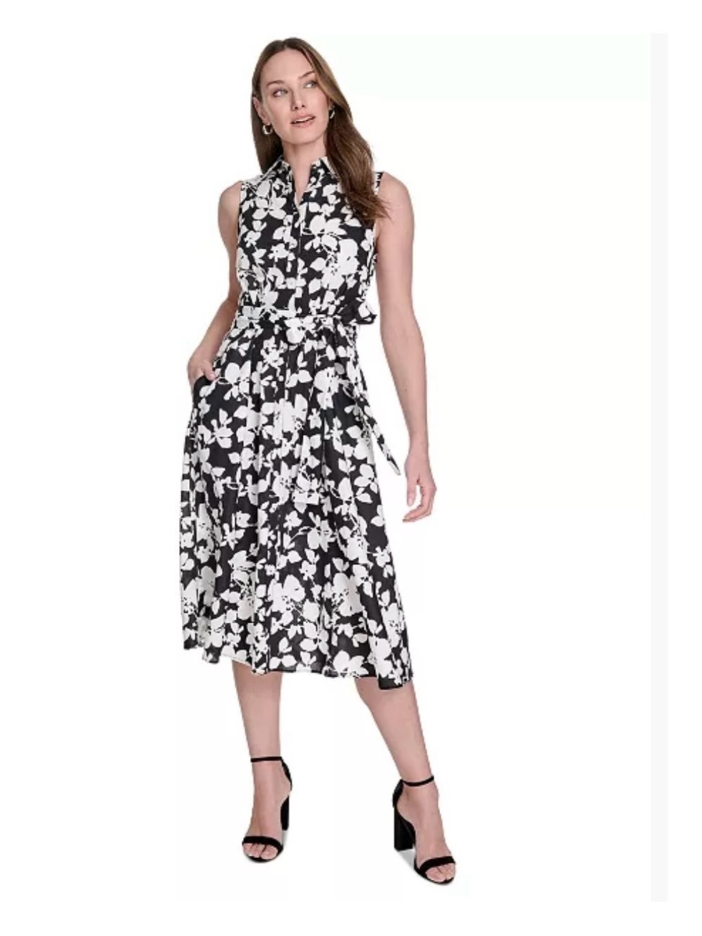 Tommy Hilfiger Sleeveless Shirt Dress Midi Belted Black White Floral Boho